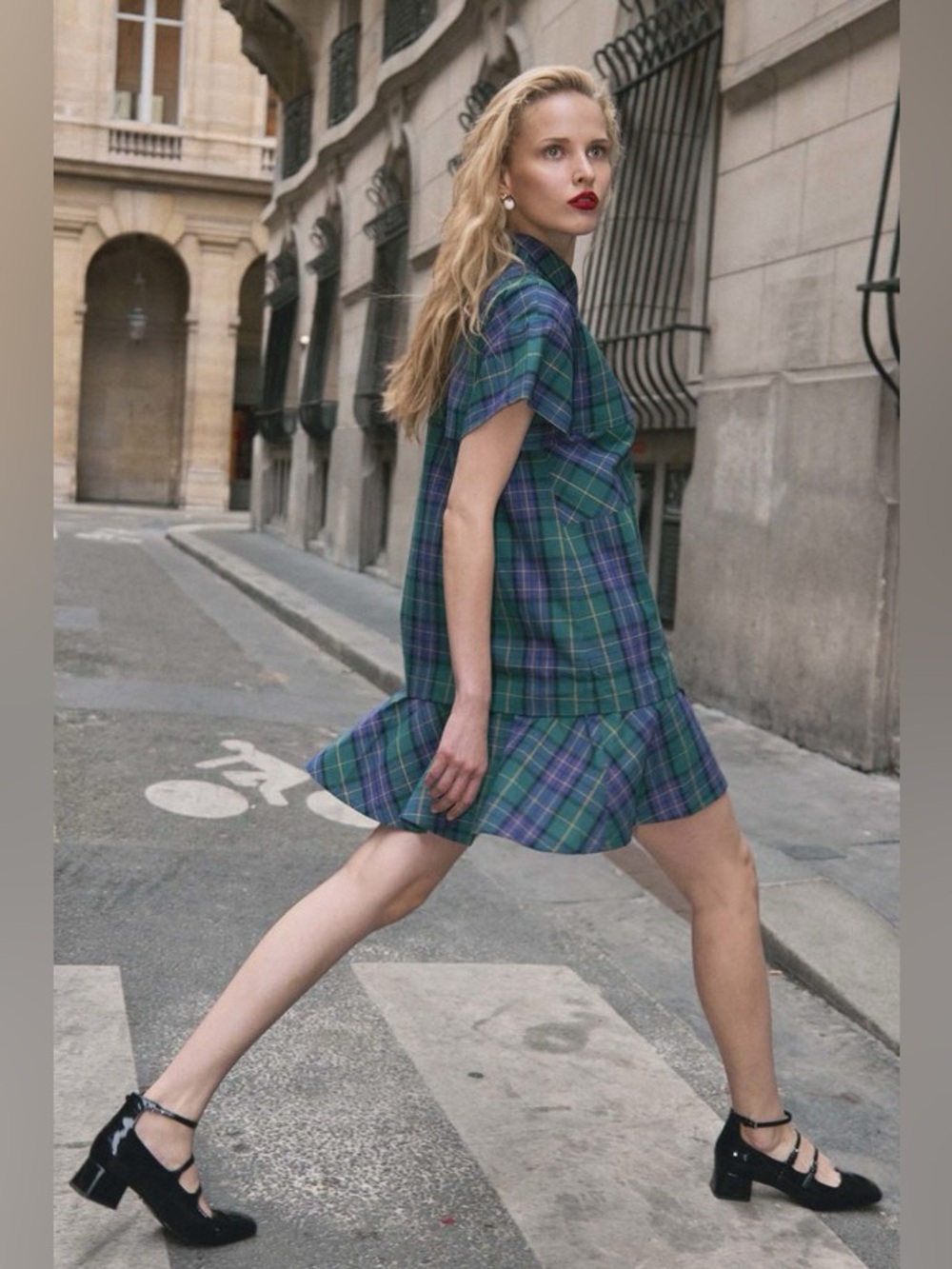 HUNTER BELL Addison Mini Dress Drop Waist Green Tartan Plaid Size Small VGUC - Picture 2 of 9
